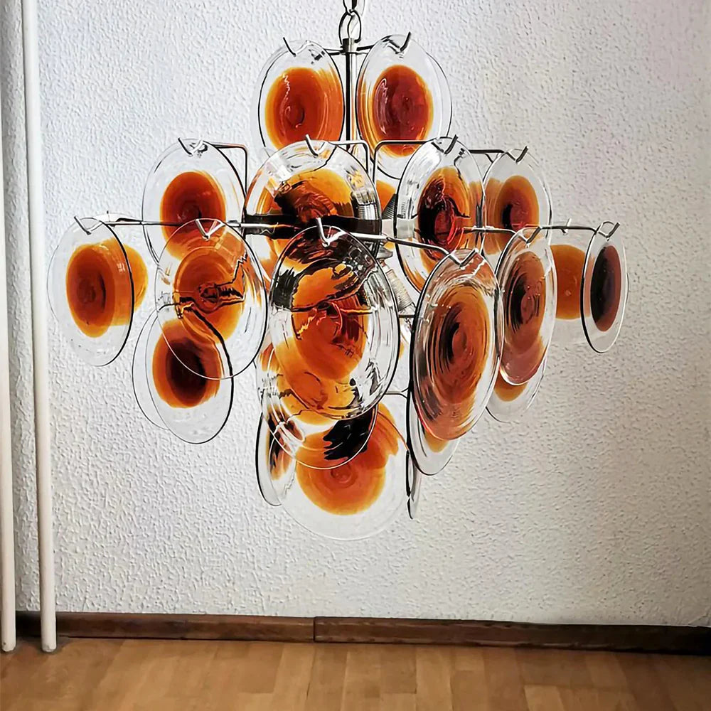 Vintage Murano Orange Brown Transparent Disc Chandelier 25.6"