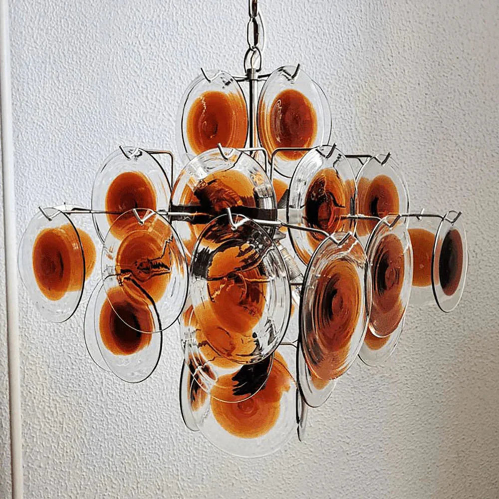 Vintage Murano Orange Brown Transparent Disc Chandelier 25.6"