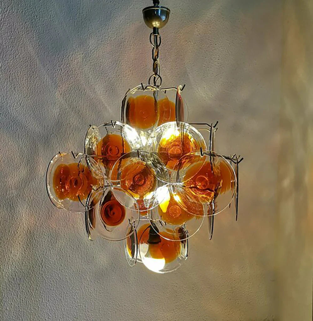 Vintage Murano Orange Brown Transparent Disc Chandelier 25.6"