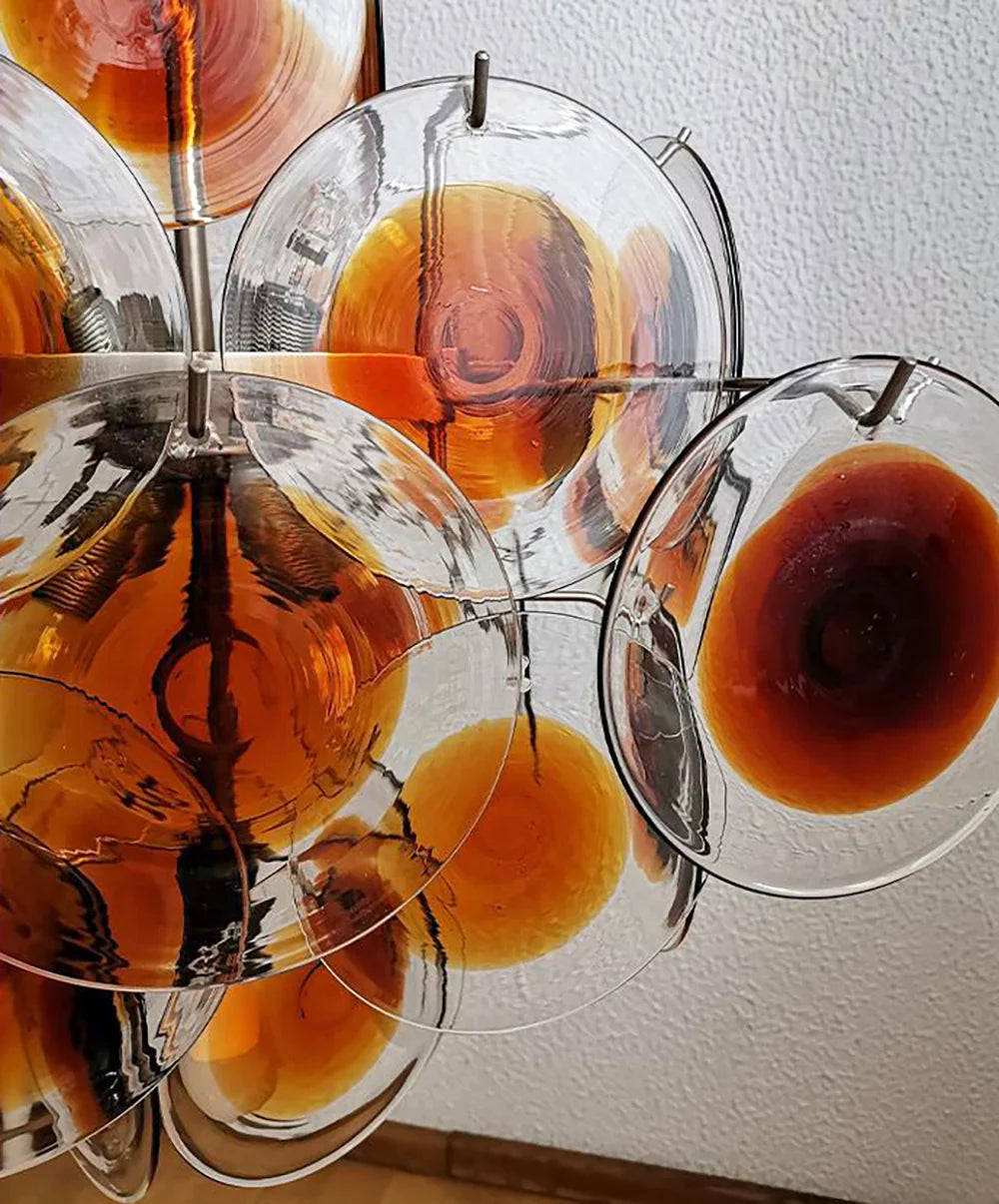 Vintage Murano Orange Brown Transparent Disc Chandelier 25.6"