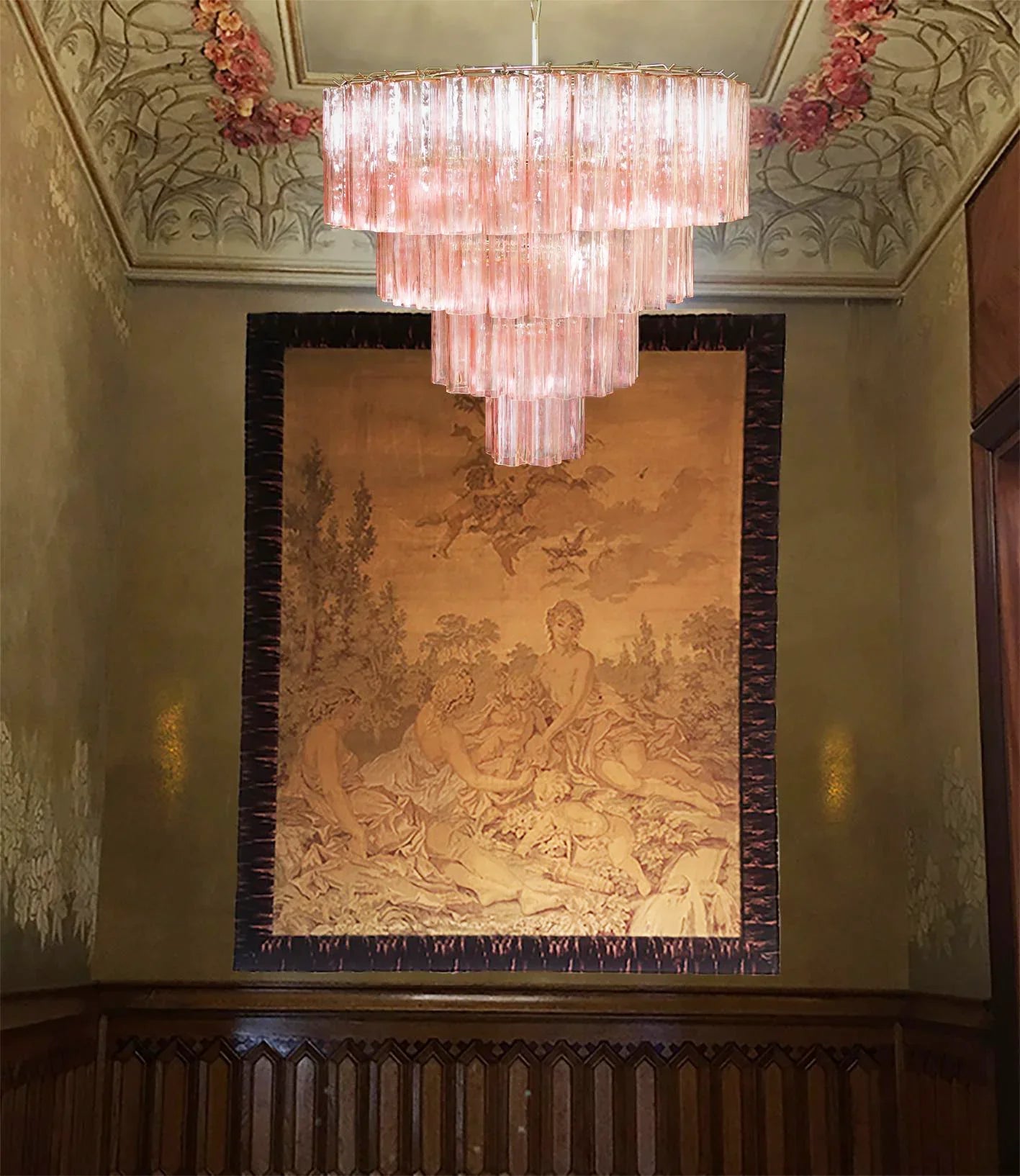 Vintage Murano Pink Glass Chandelier 33.5"