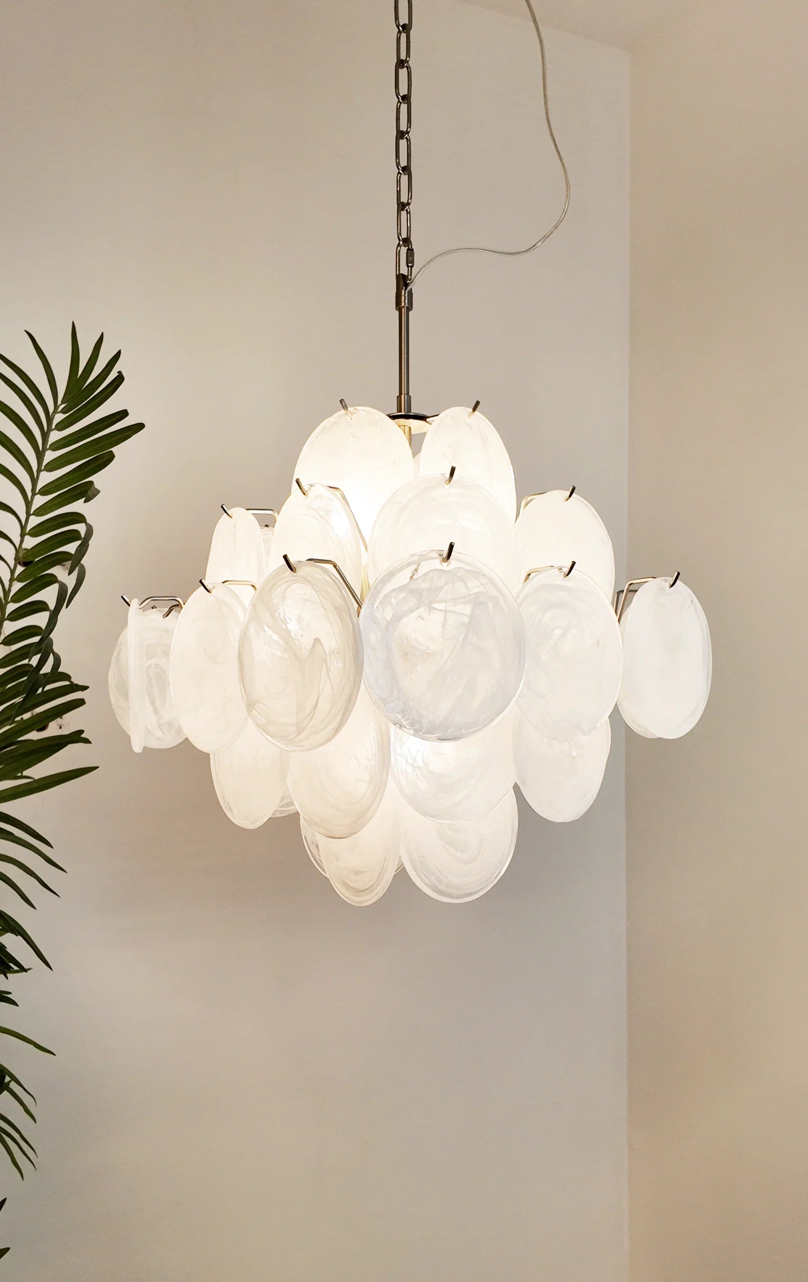 Vintage Murano White Disks Chandelier 19"