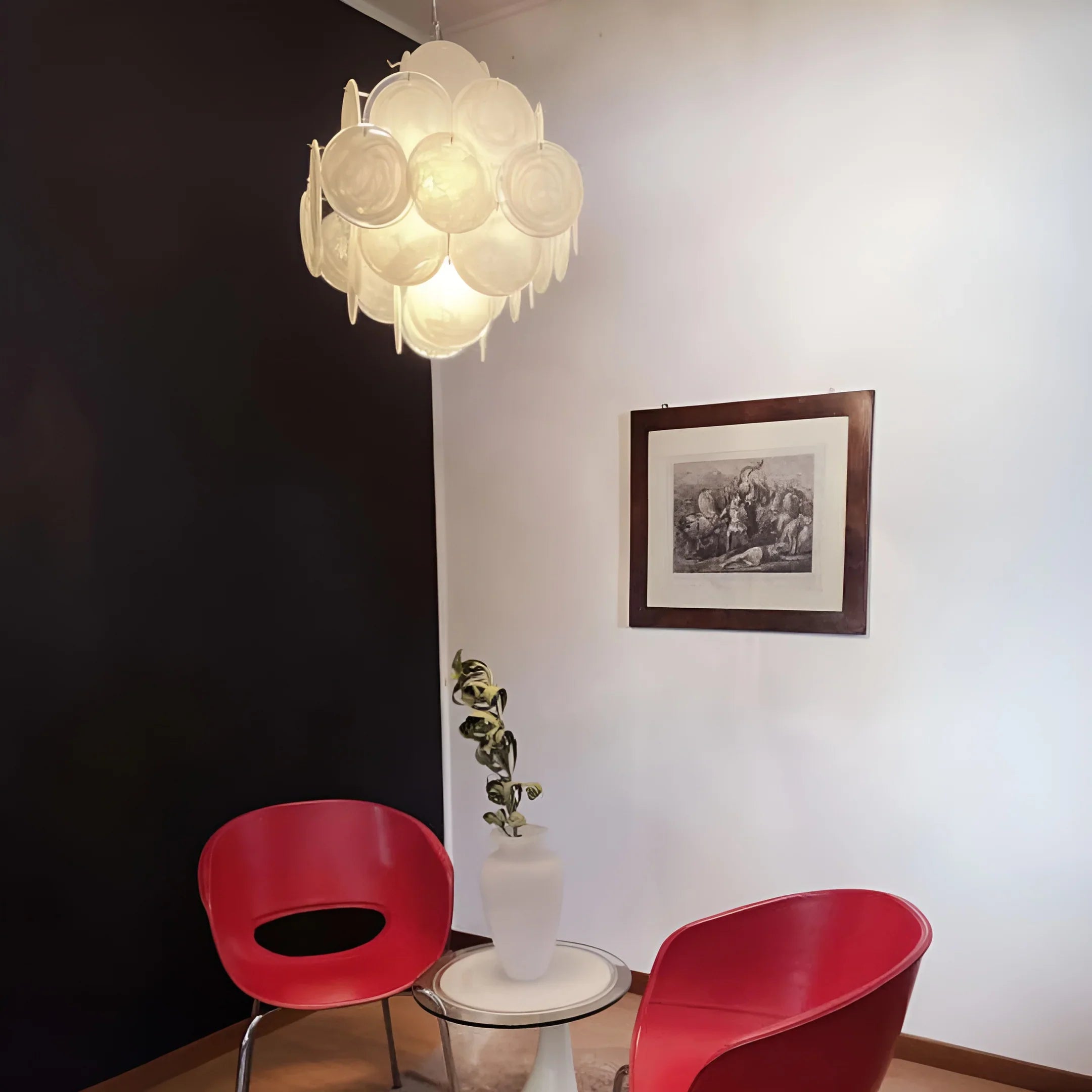 Vintage Murano White Disks Chandelier 19"