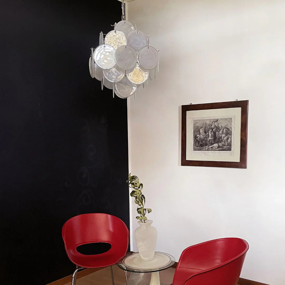 Vintage Murano White Disks Chandelier 19"