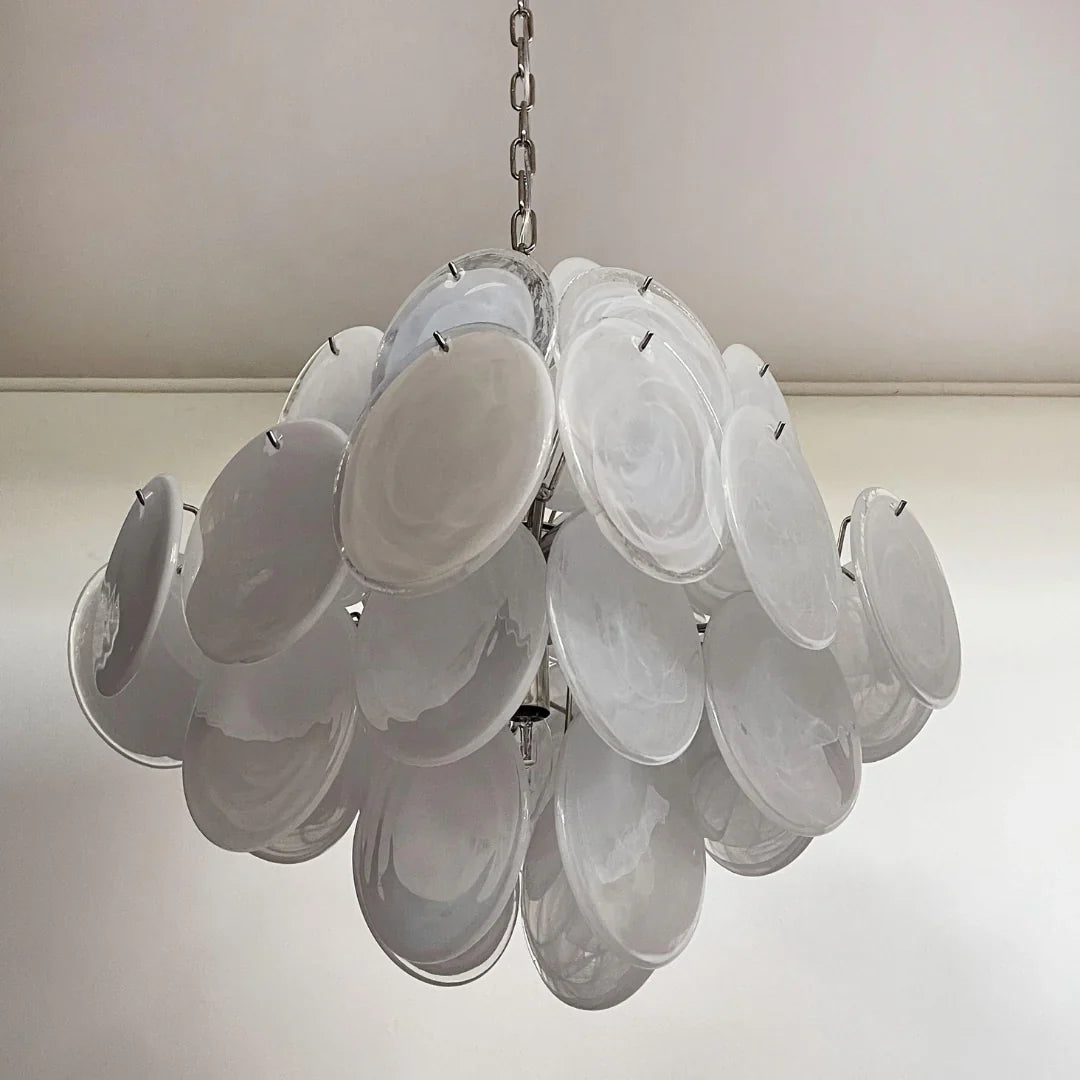 Vintage Murano White Disks Chandelier 19"