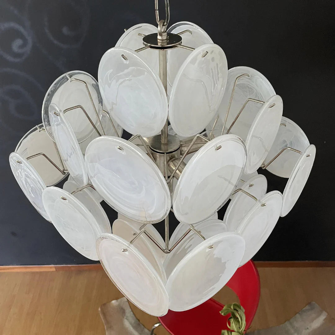 Vintage Murano White Disks Chandelier 19"