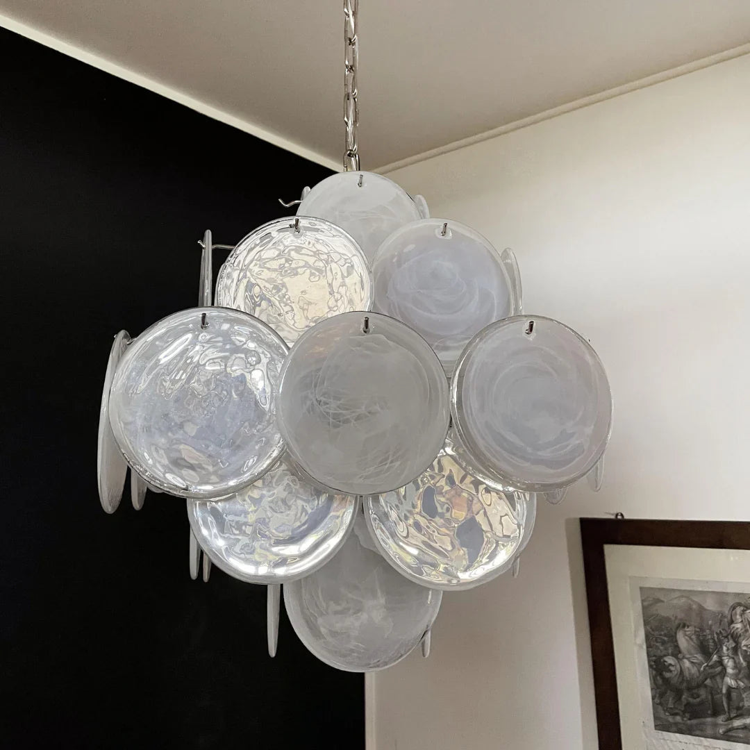 Vintage Murano White Disks Chandelier 19"