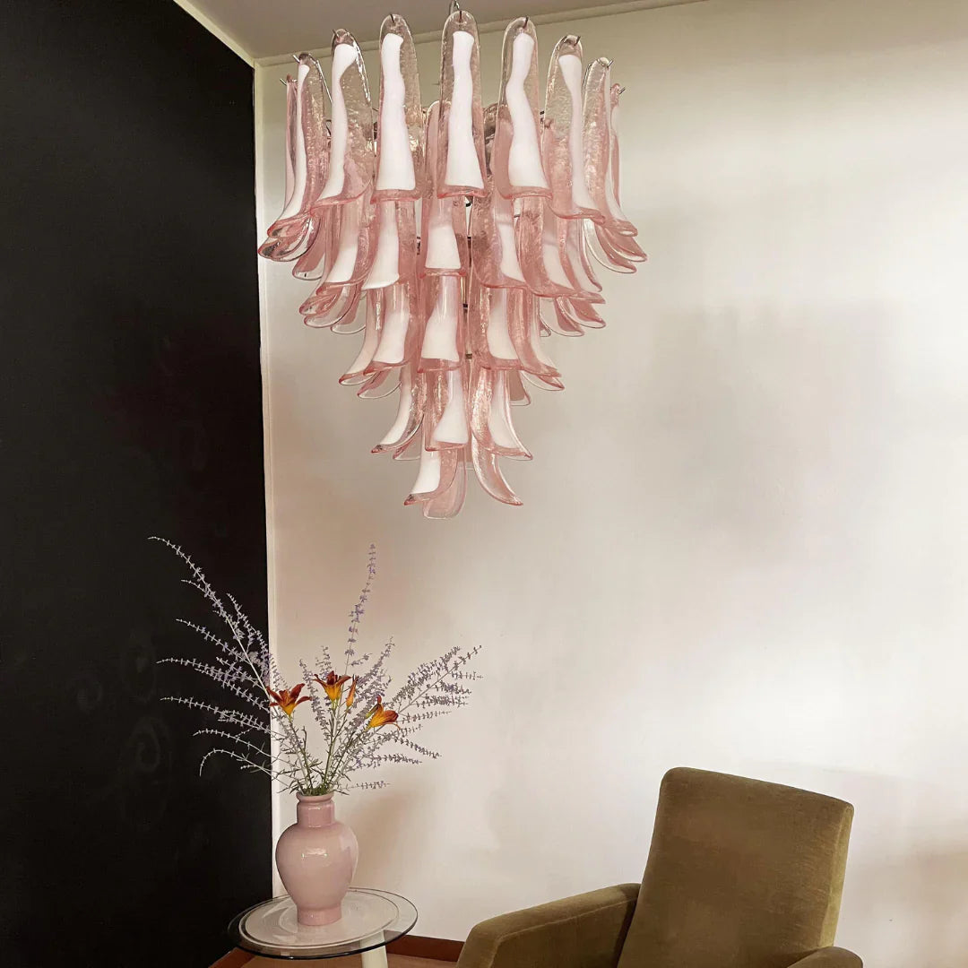 Vintage Pink Murano Glass Petals Chandelier 26"