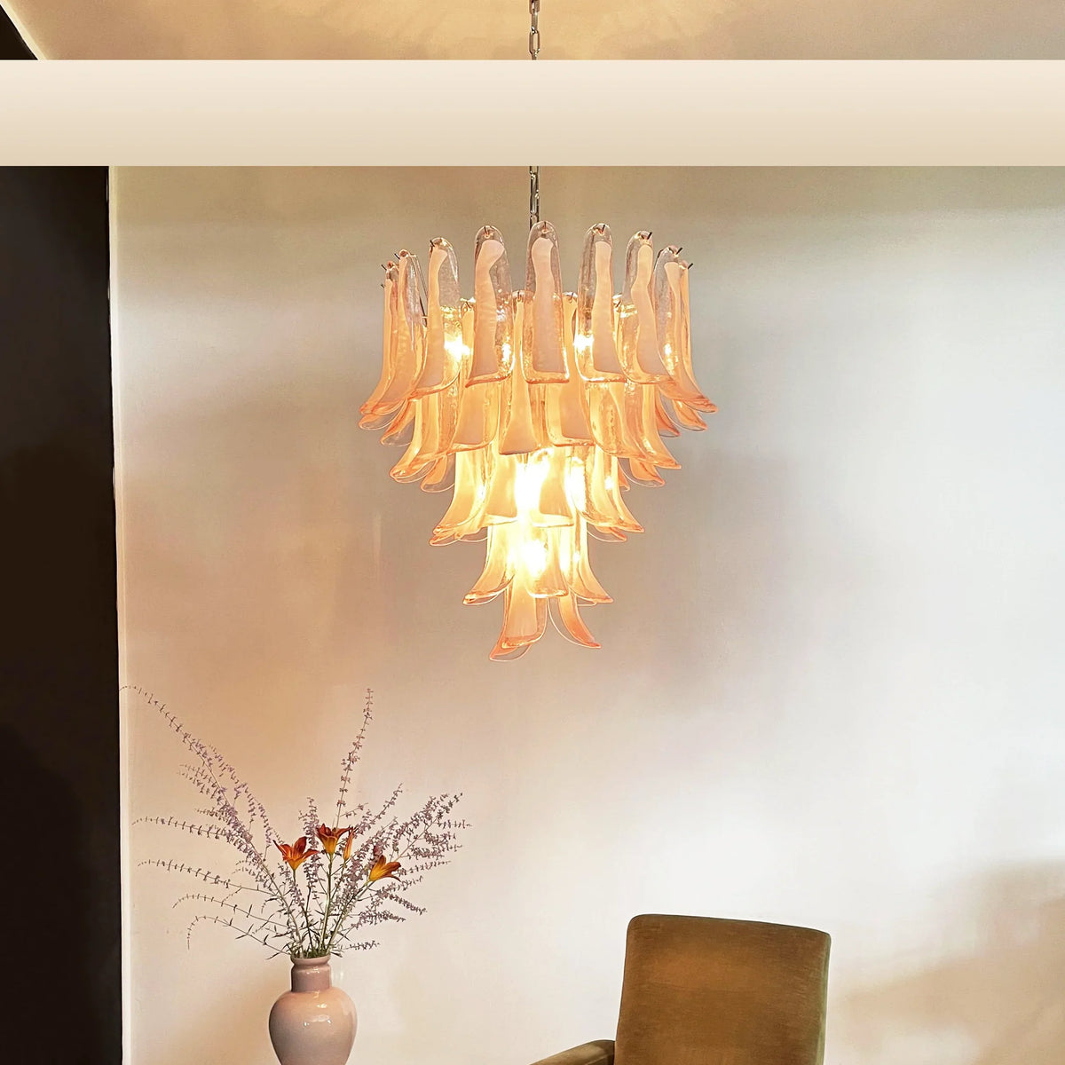 Vintage Pink Murano Glass Petals Chandelier 26"