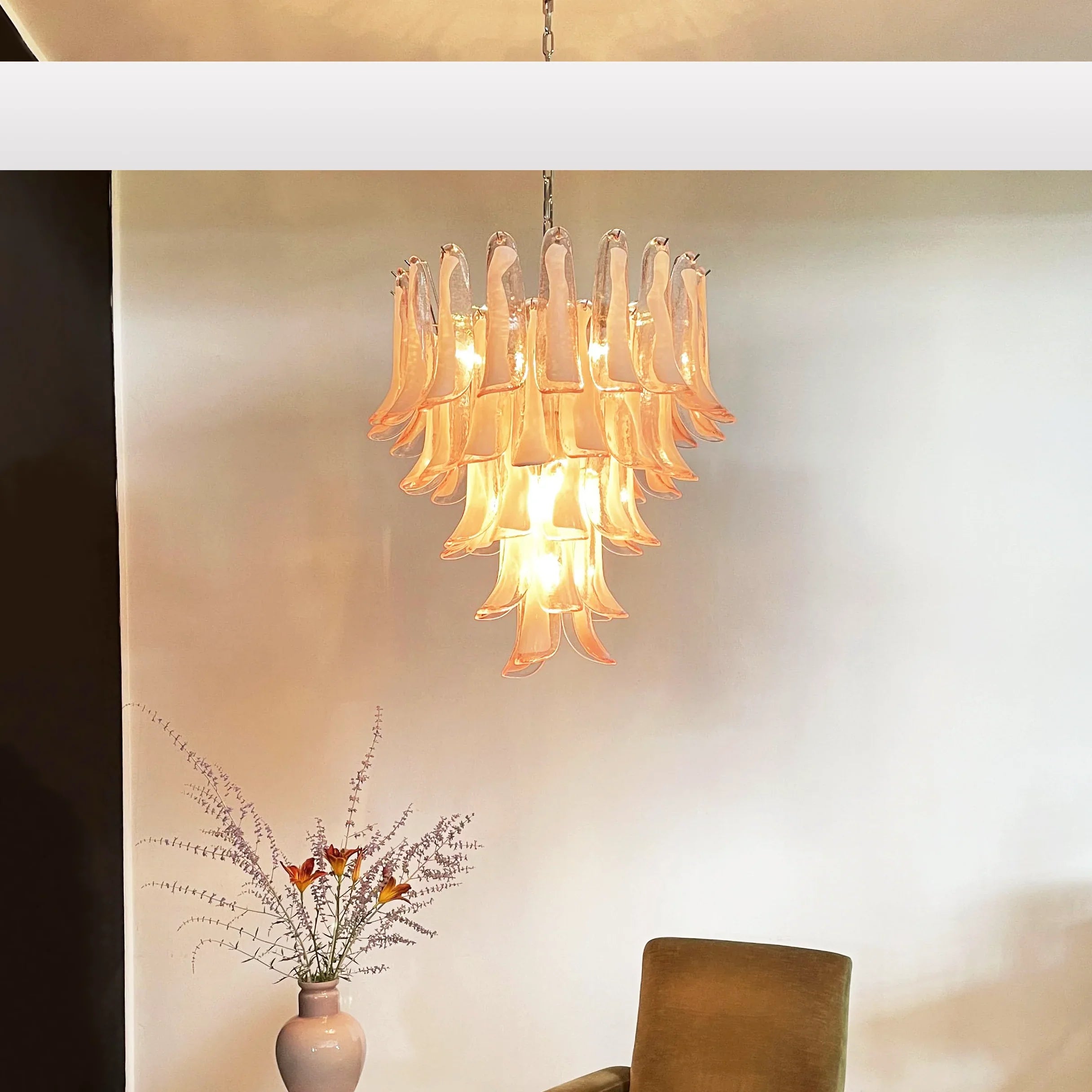 Vintage Pink Murano Glass Petals Chandelier 26"