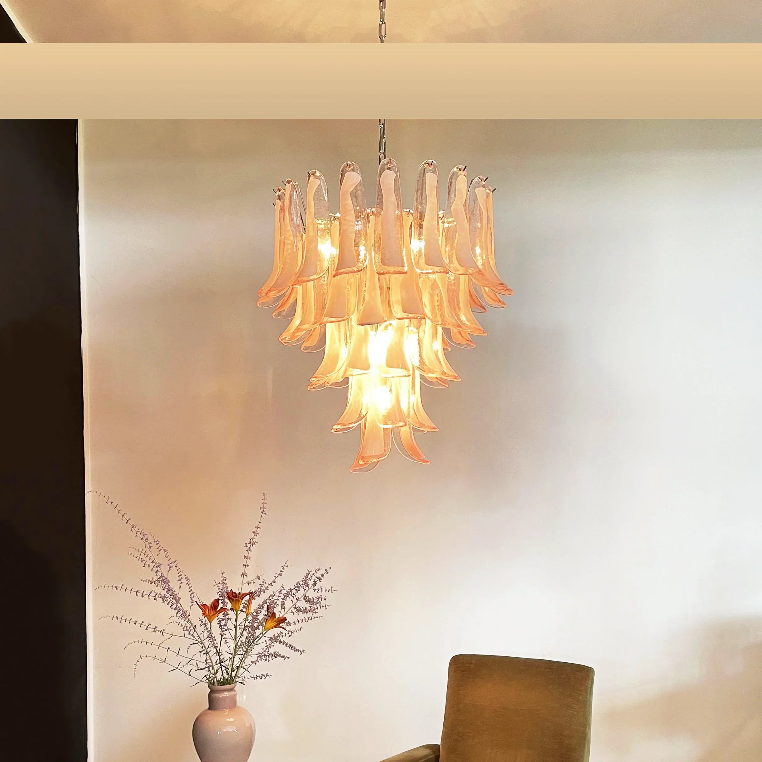 Vintage Pink Murano Glass Petals Chandelier 26"