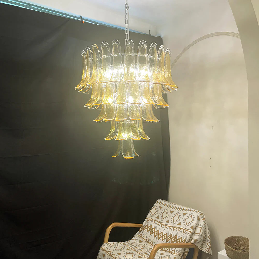 Vintage Transparent Amber Murano Glass Petals Chandelier 26"