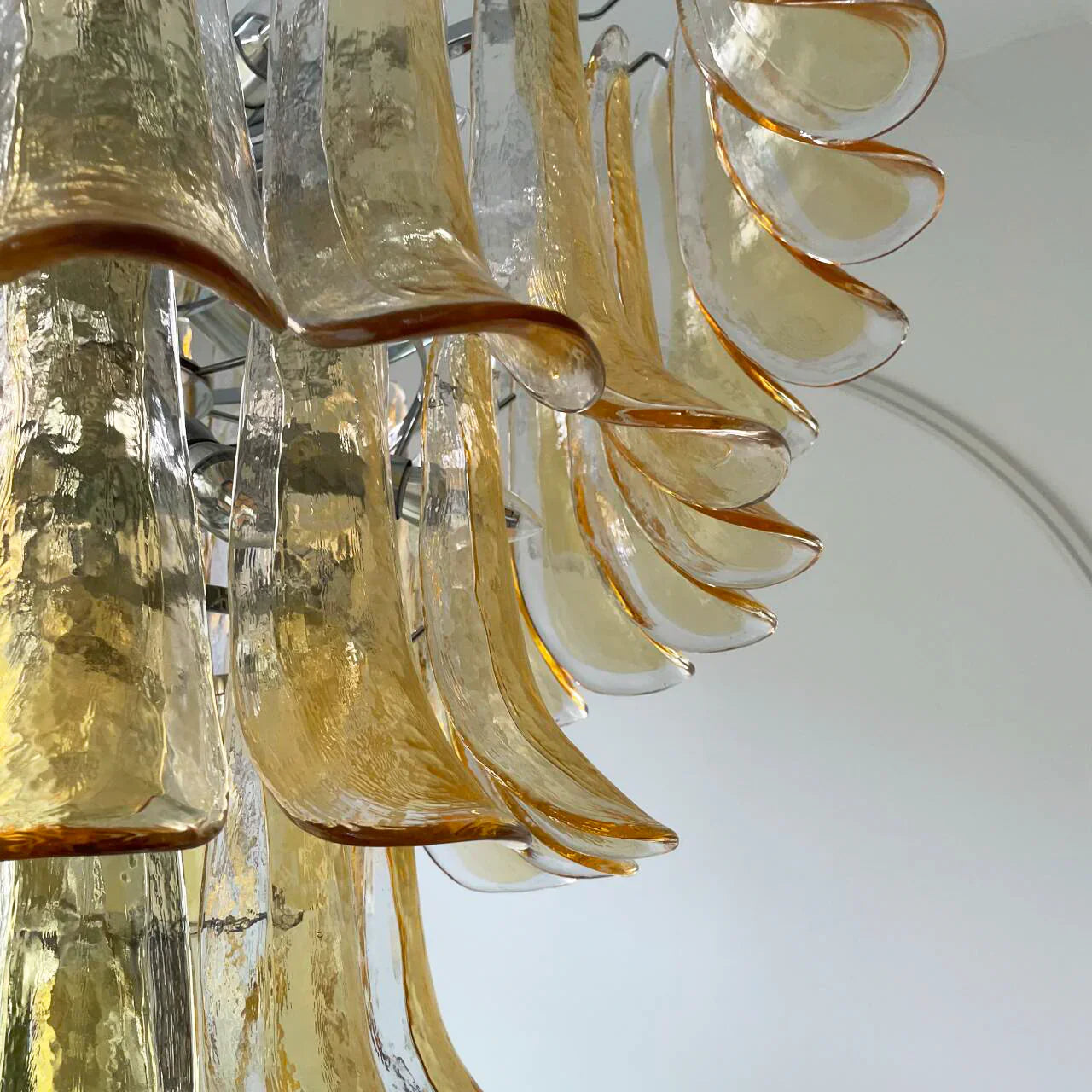 Vintage Transparent Amber Murano Glass Petals Chandelier 26"