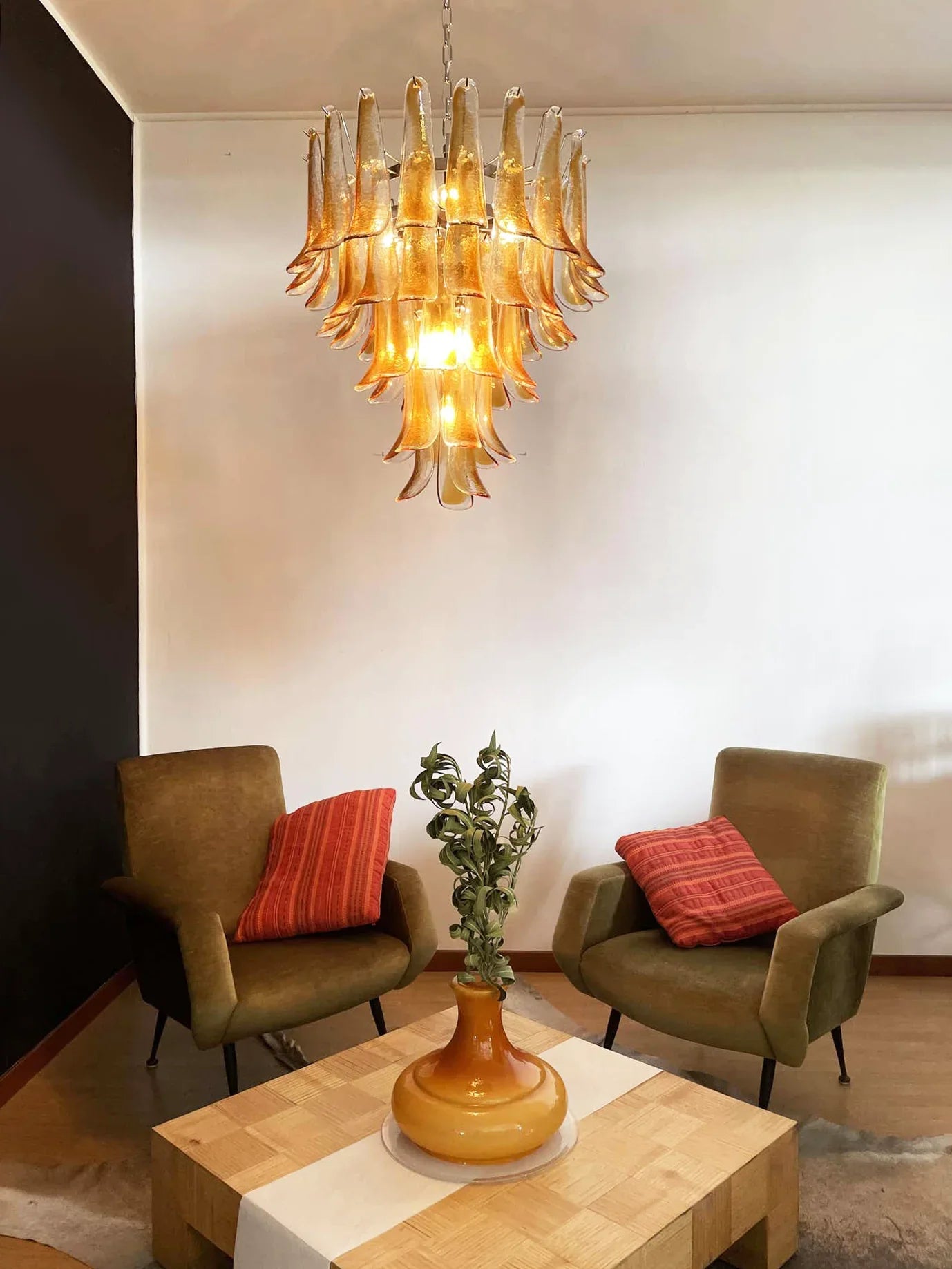 Vintage Transparent Amber Murano Glass Petals Chandelier 26"