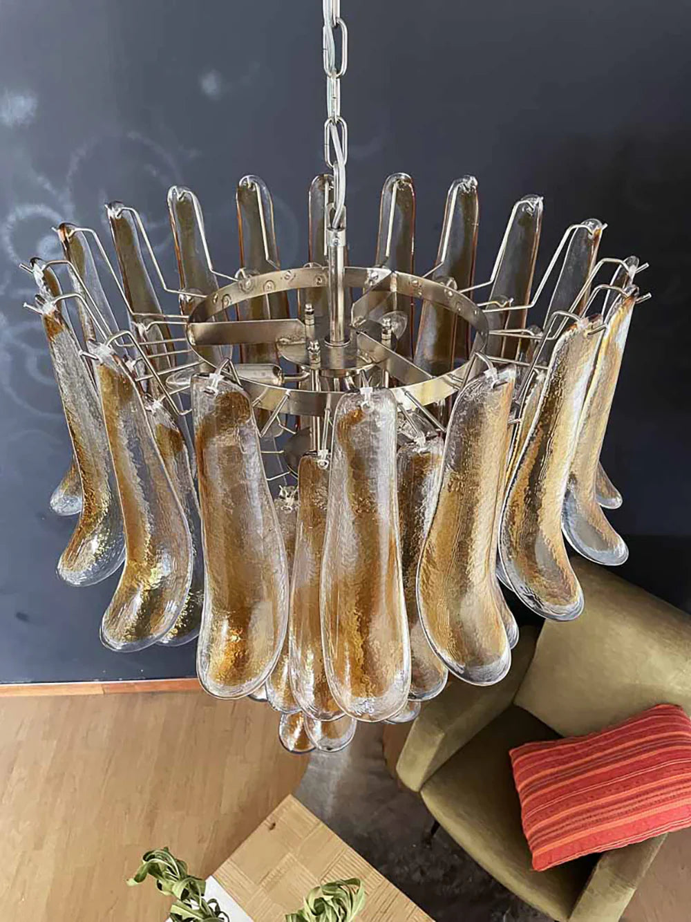 Vintage Transparent Amber Murano Glass Petals Chandelier 26"