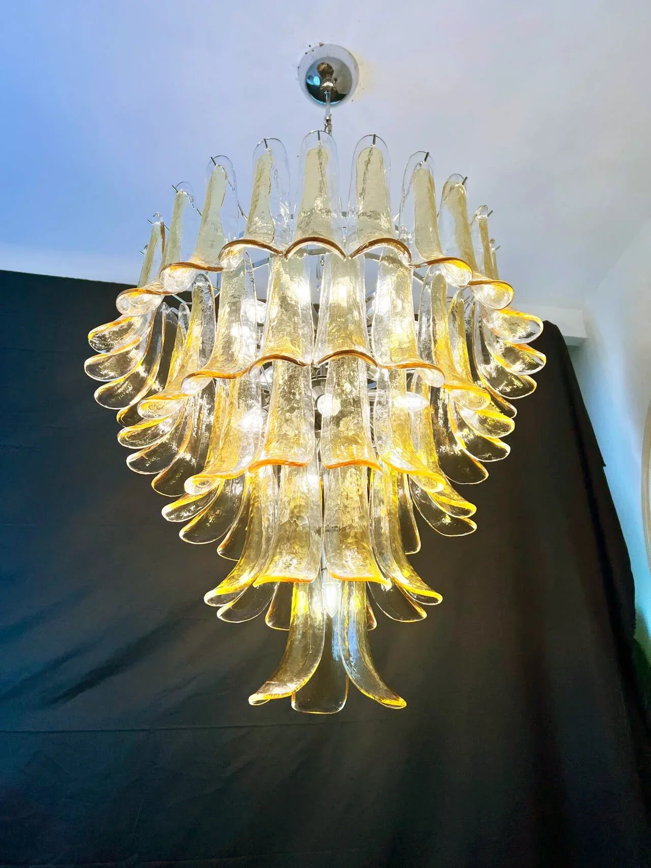 Vintage Transparent Amber Murano Glass Petals Chandelier 26"