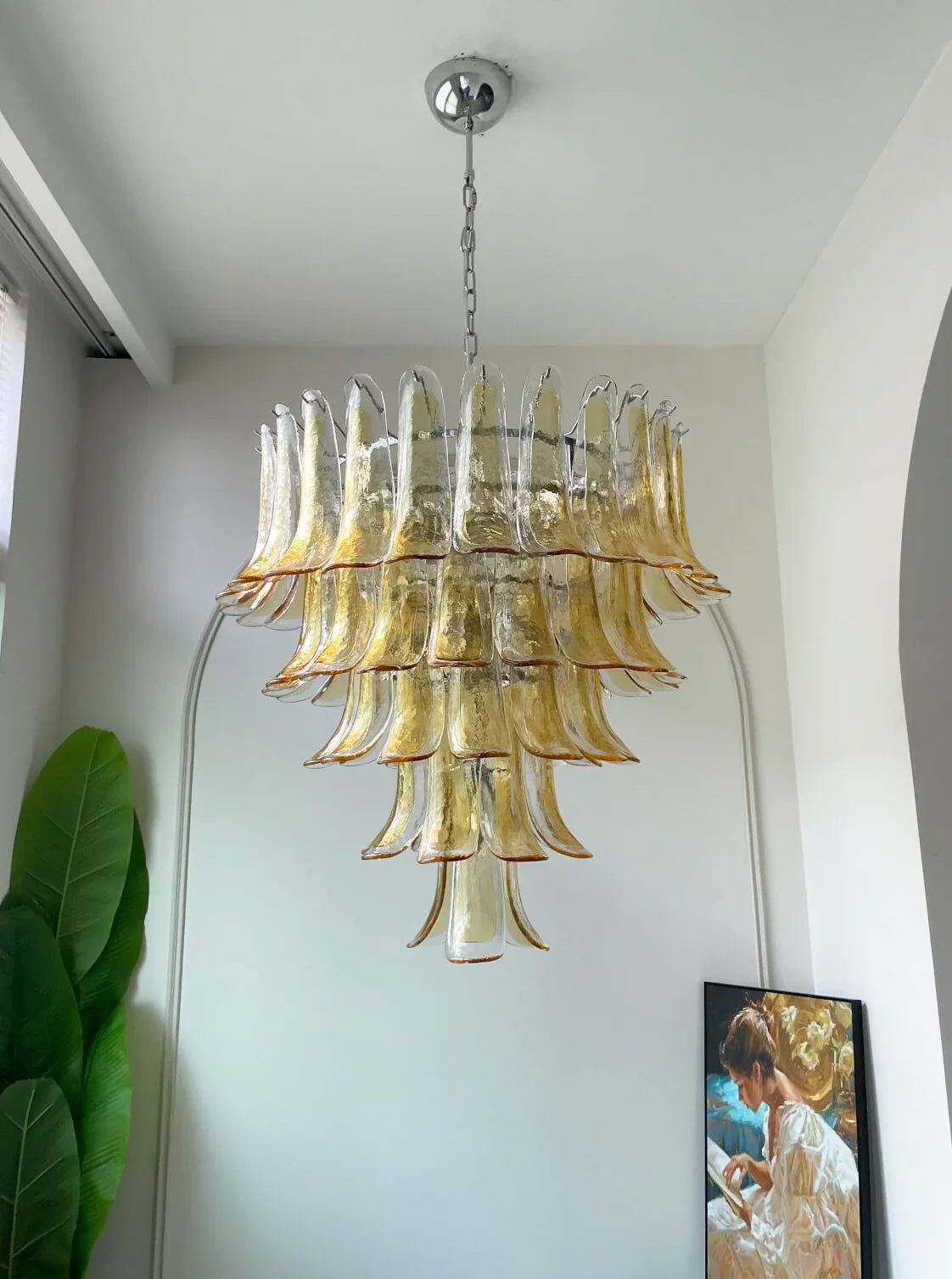 Vintage Transparent Amber Murano Glass Petals Chandelier 26"