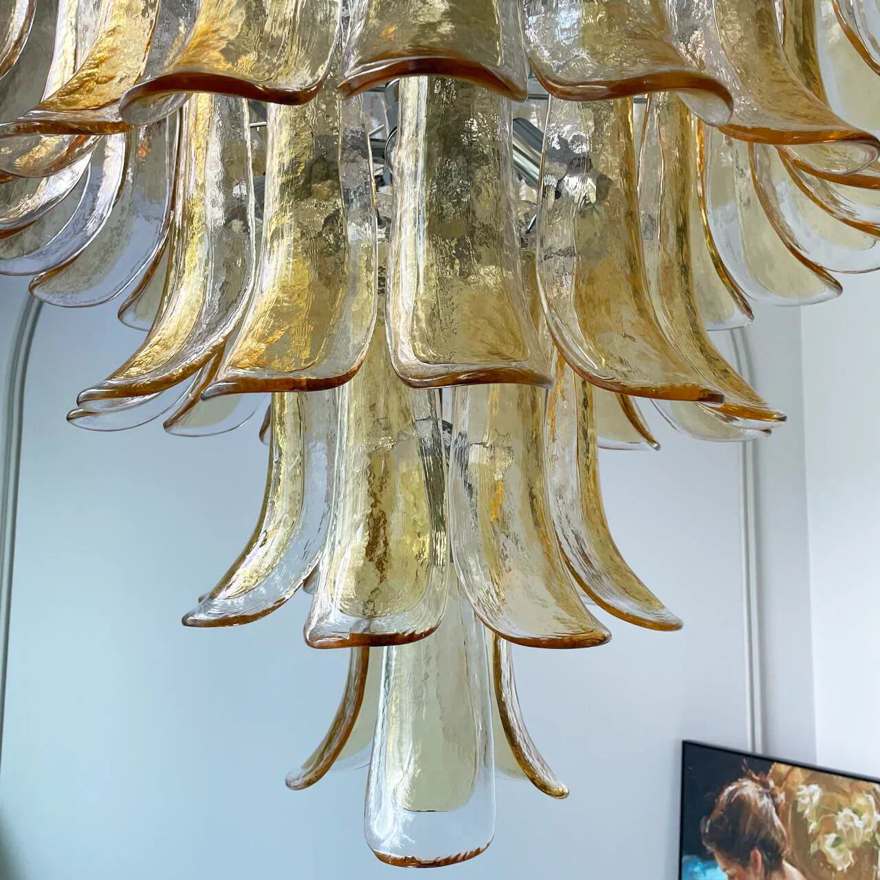 Vintage Transparent Amber Murano Glass Petals Chandelier 26"
