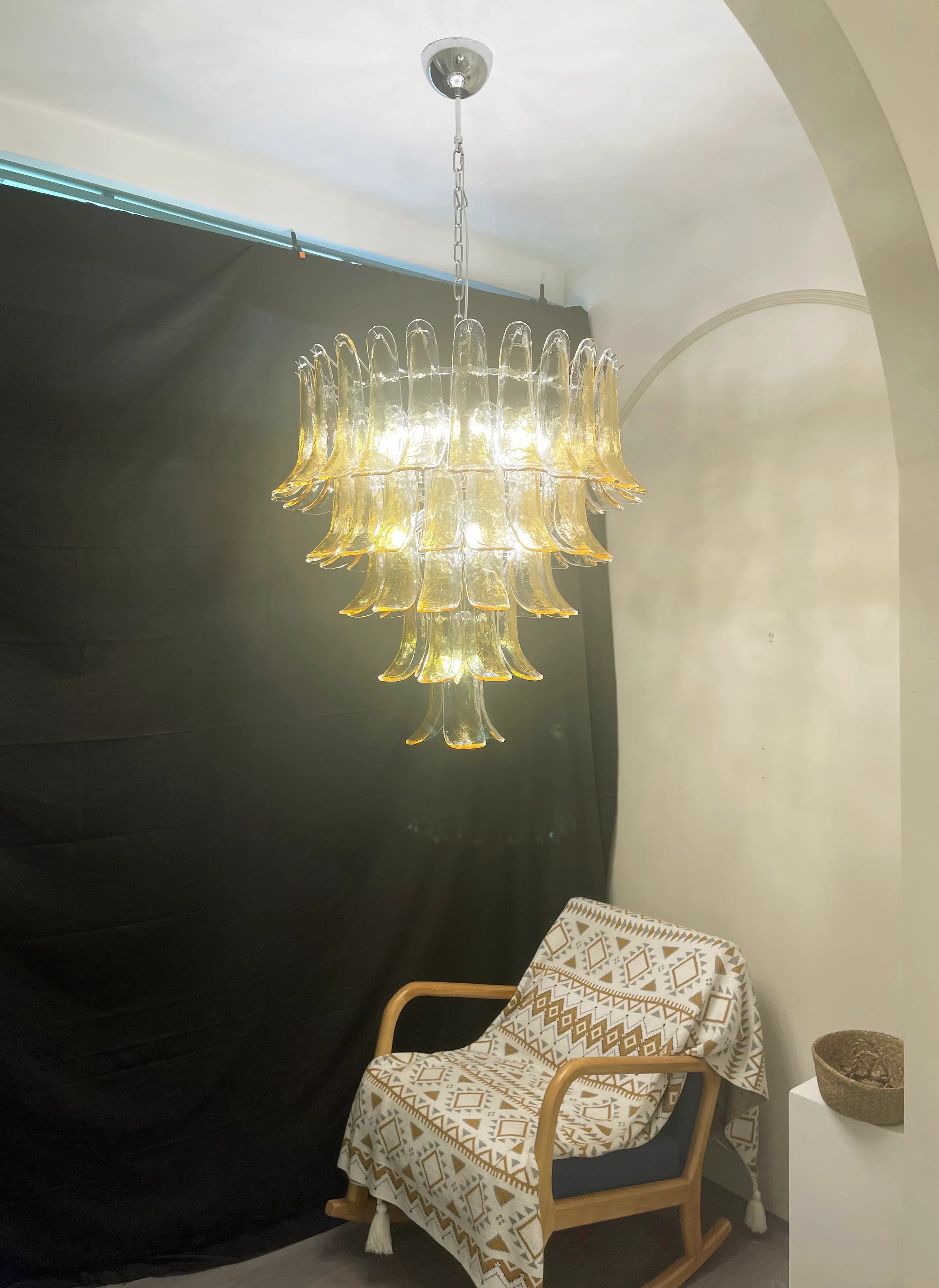 Vintage Transparent Amber Murano Glass Petals Chandelier 26"