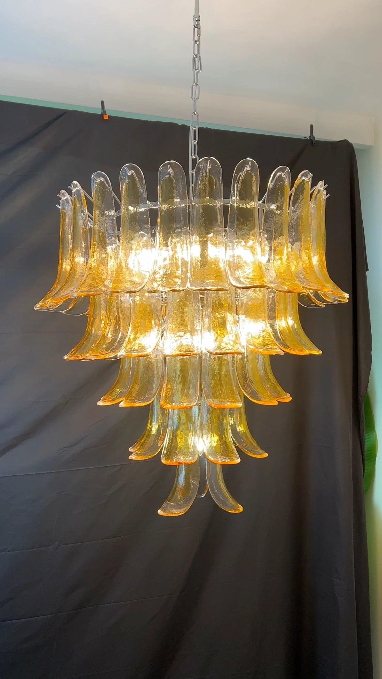 Vintage Transparent Amber Murano Glass Petals Chandelier 26"
