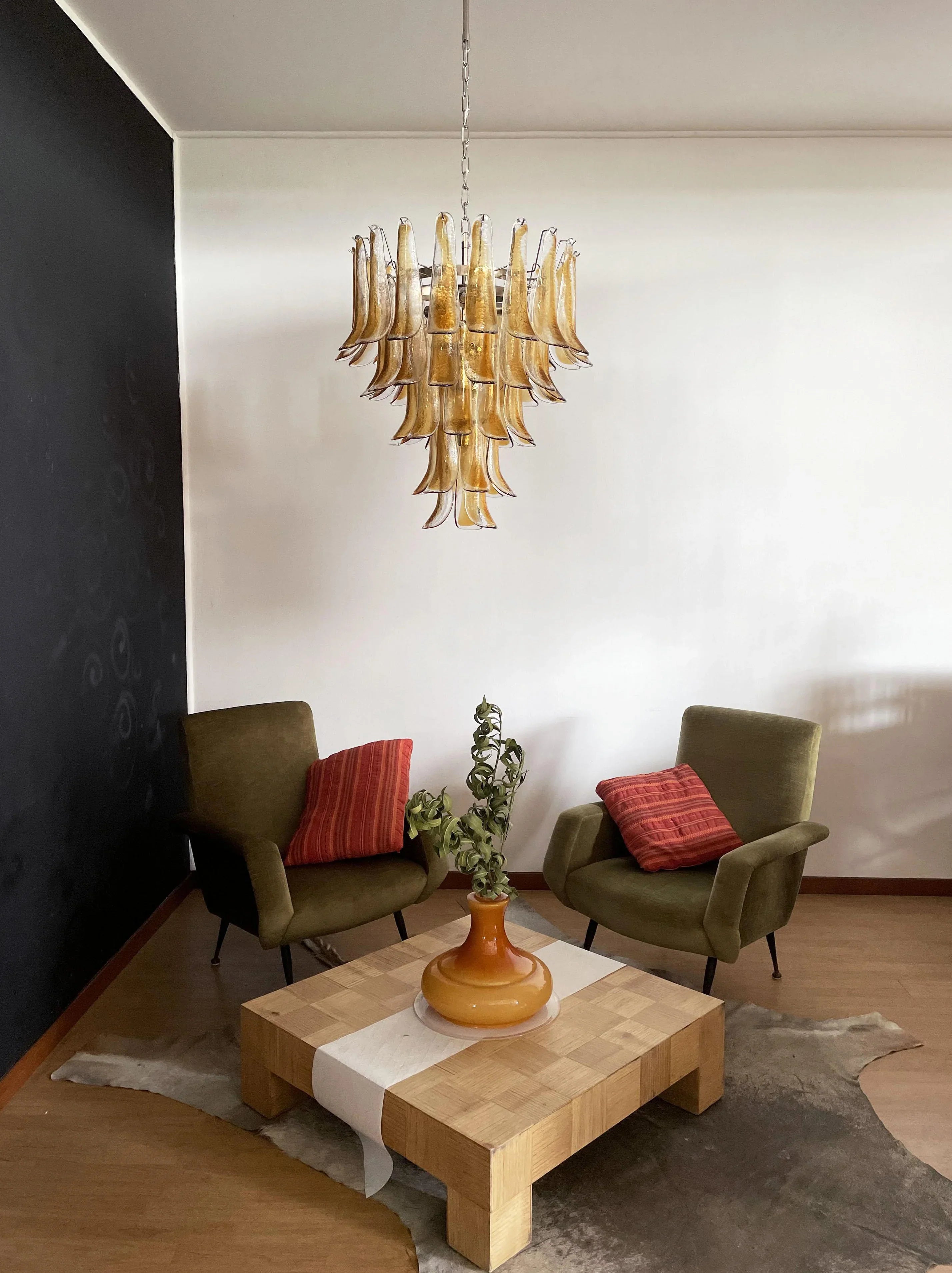 Vintage Transparent Amber Murano Glass Petals Chandelier 26"