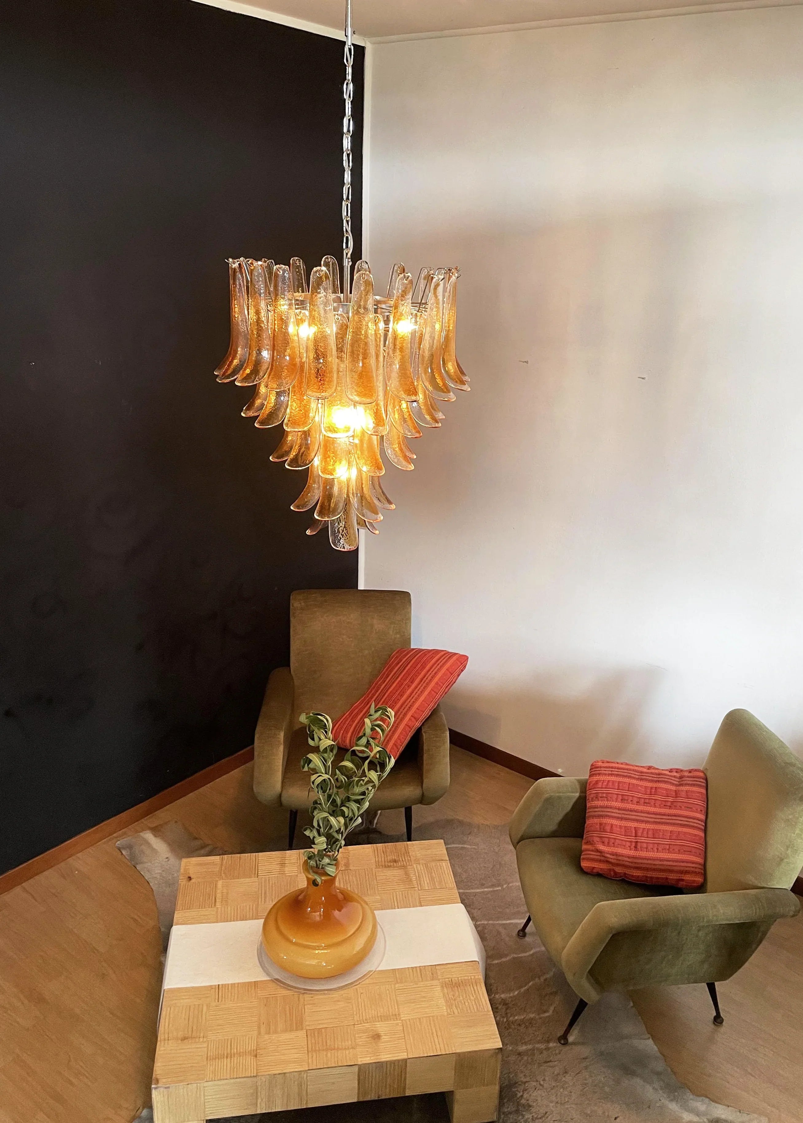 Vintage Transparent Amber Murano Glass Petals Chandelier 26"