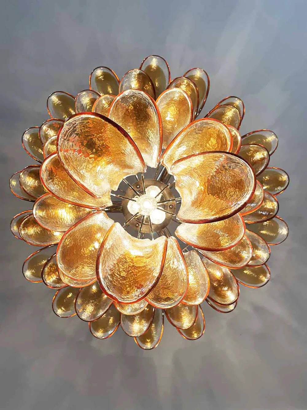 Vintage Transparent Amber Murano Glass Petals Chandelier 26"