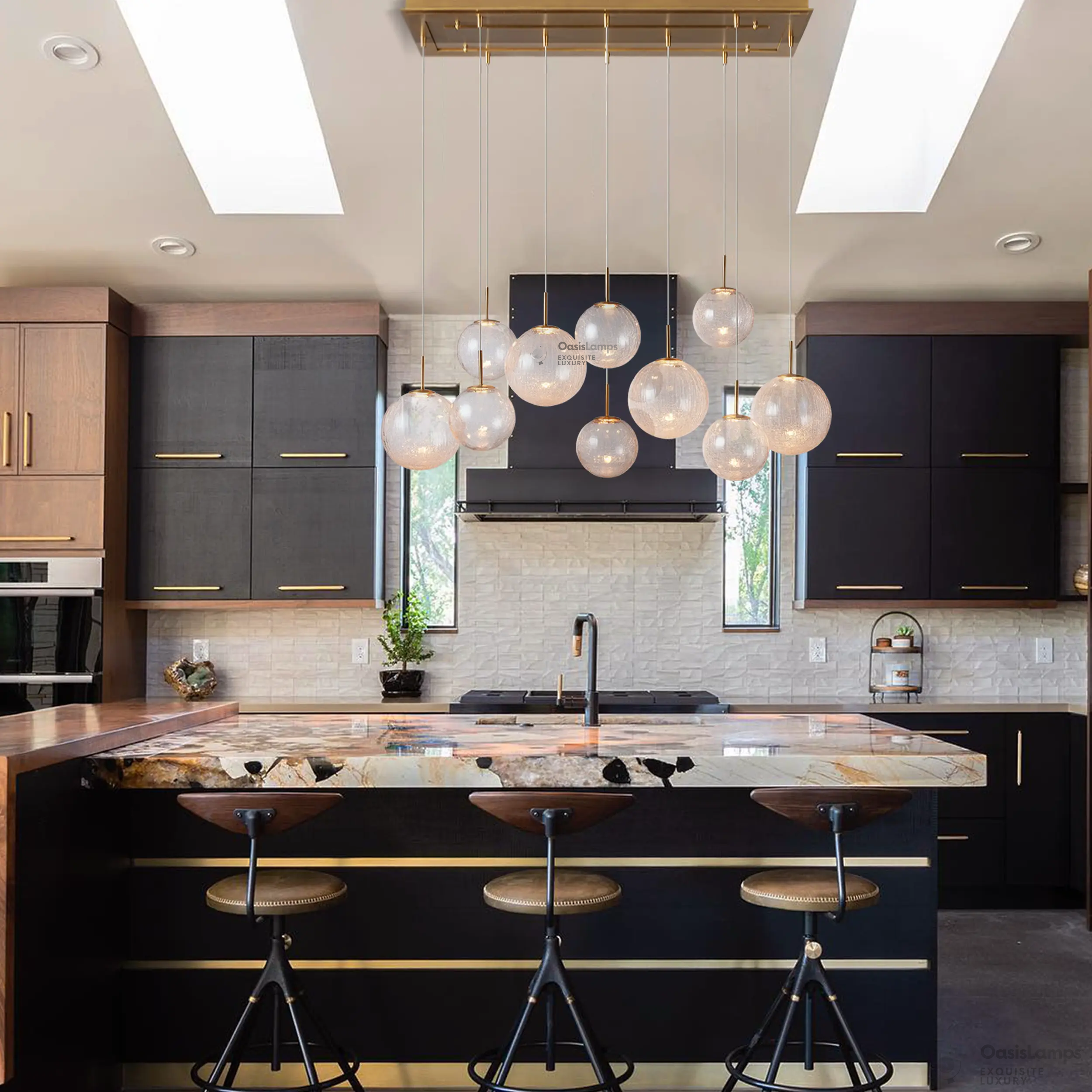 Casen Ablown Crackle Glass Globe Linear Chandelier 55" 65"D