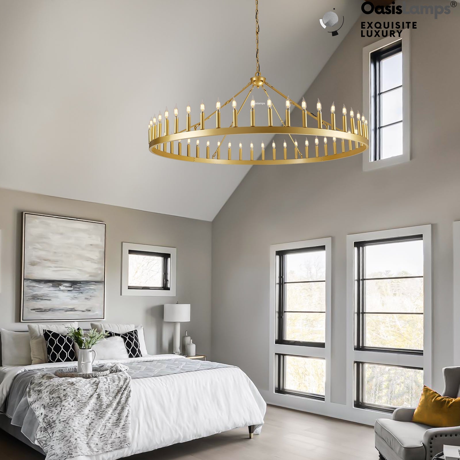 Wagon Wheel Candle Round Chandelier 64"#Color_Brass