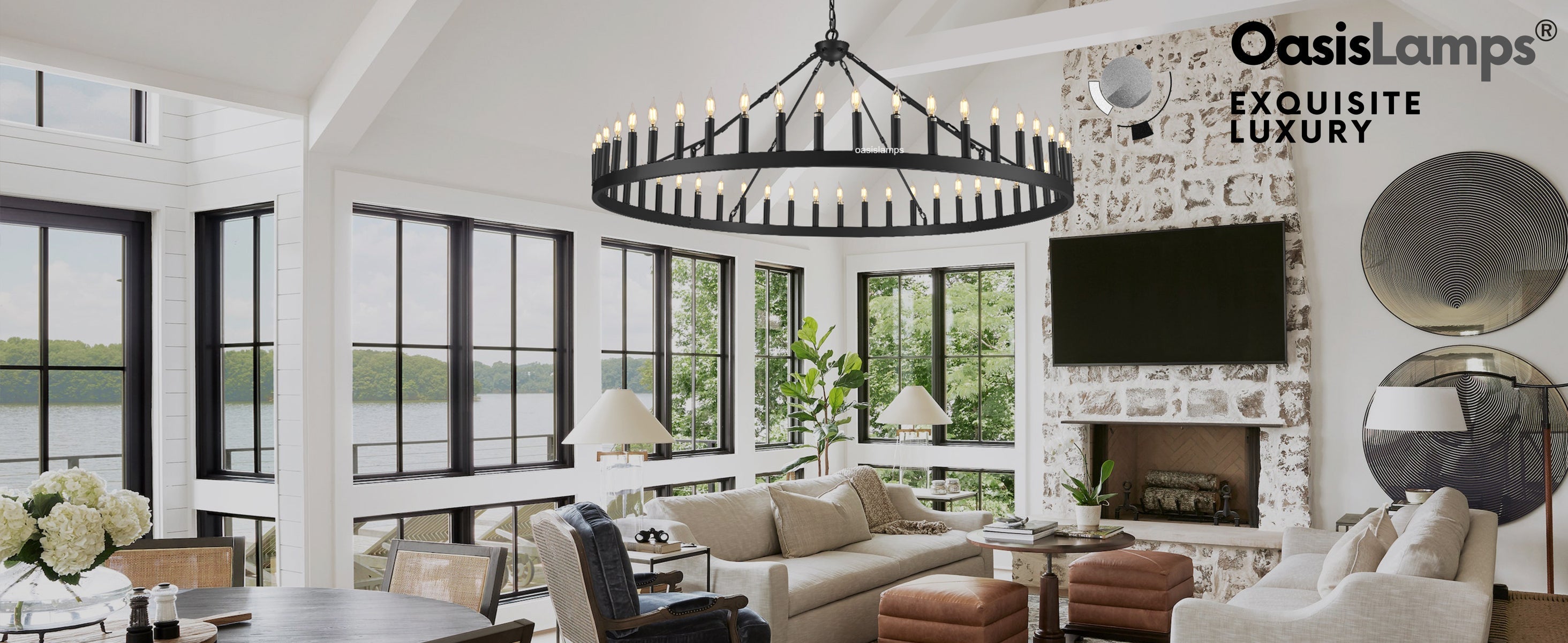 Wagon Wheel Candle Round Chandelier 64"#Color_Black