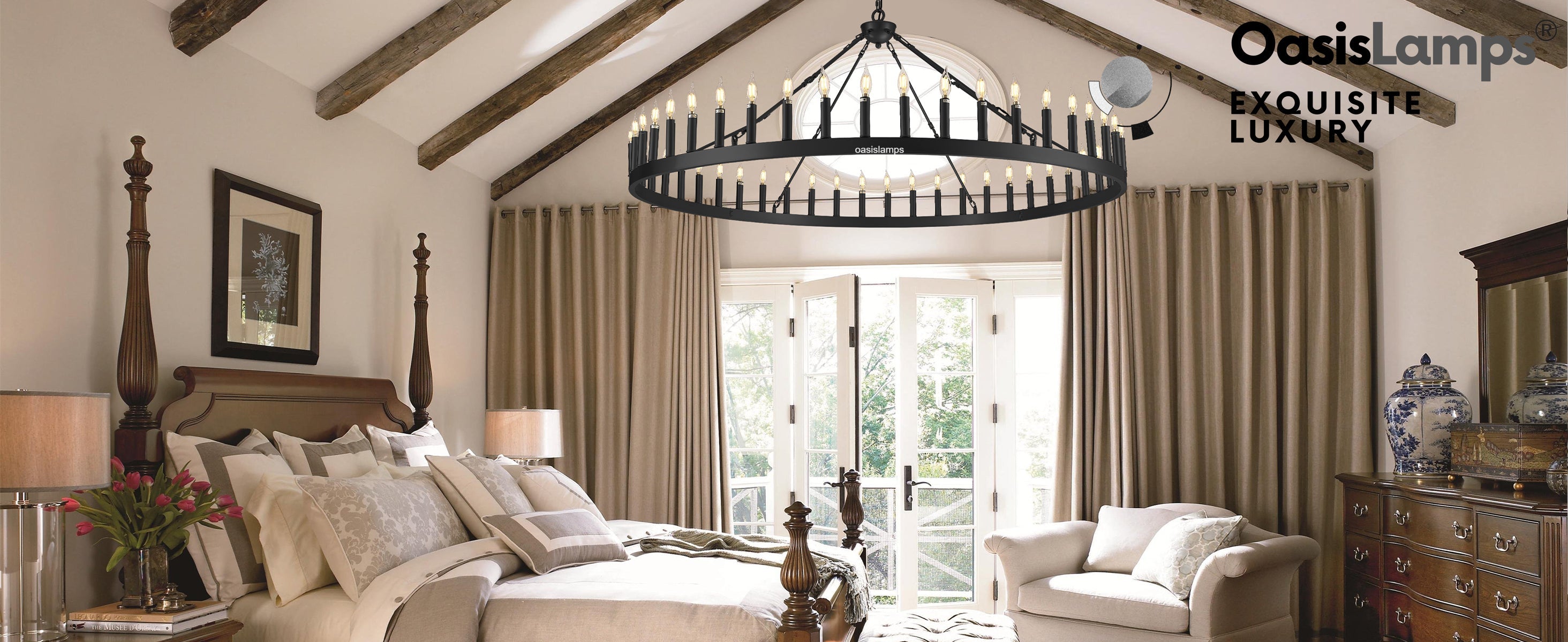 Wagon Wheel Candle Round Chandelier 64"#Color_Black