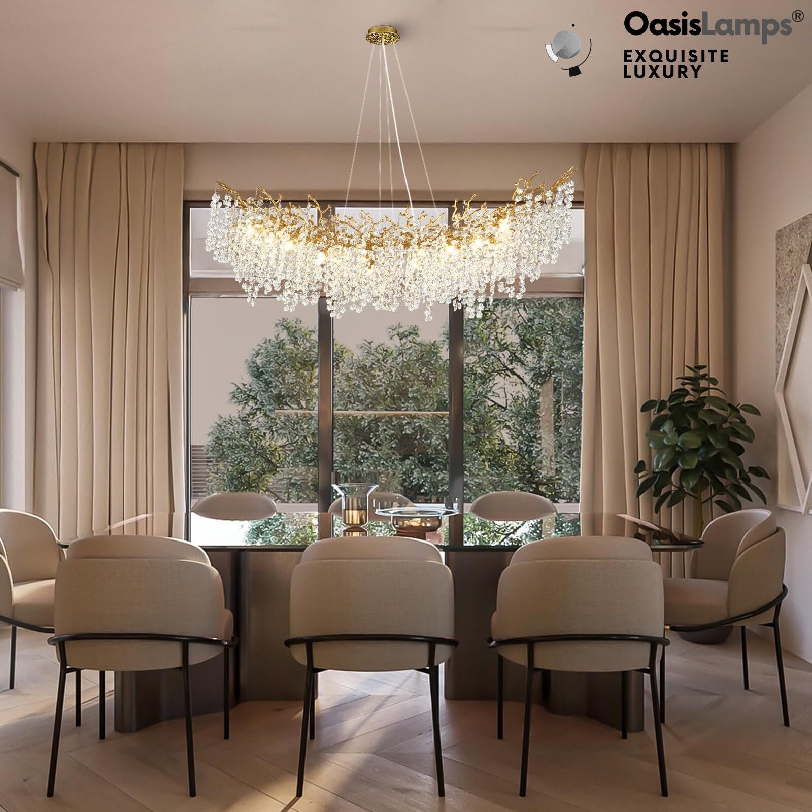 Lustre Branches Crystal Rectangular Chandelier 55"L#Color_Brass