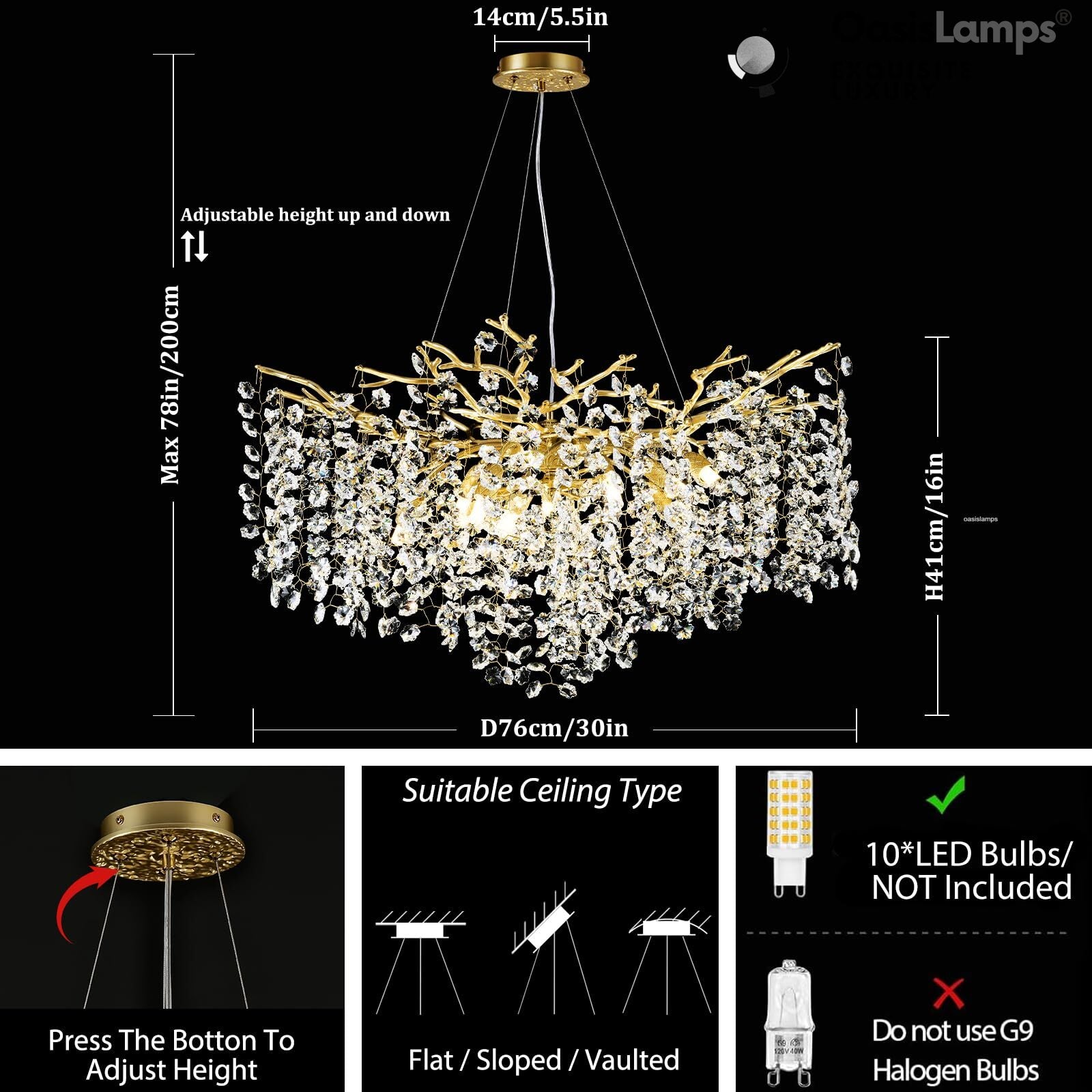Lustre Branches Crystal Round Chandelier for All Rooms 30" 40"#Color_Brass,Size_D-30inch