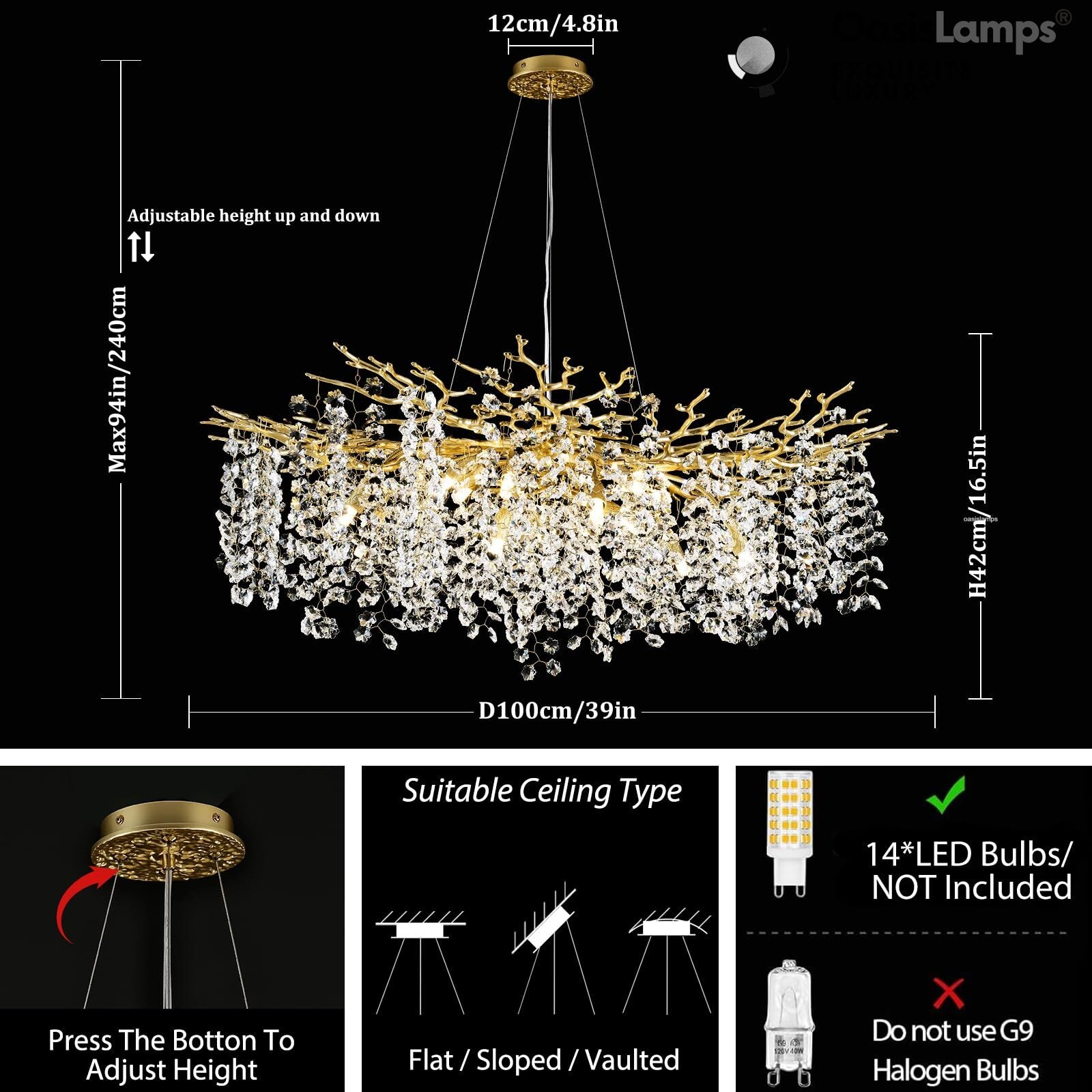 Lustre Branches Crystal Round Chandelier for All Rooms 30" 40"#Color_Brass,Size_D-40inch