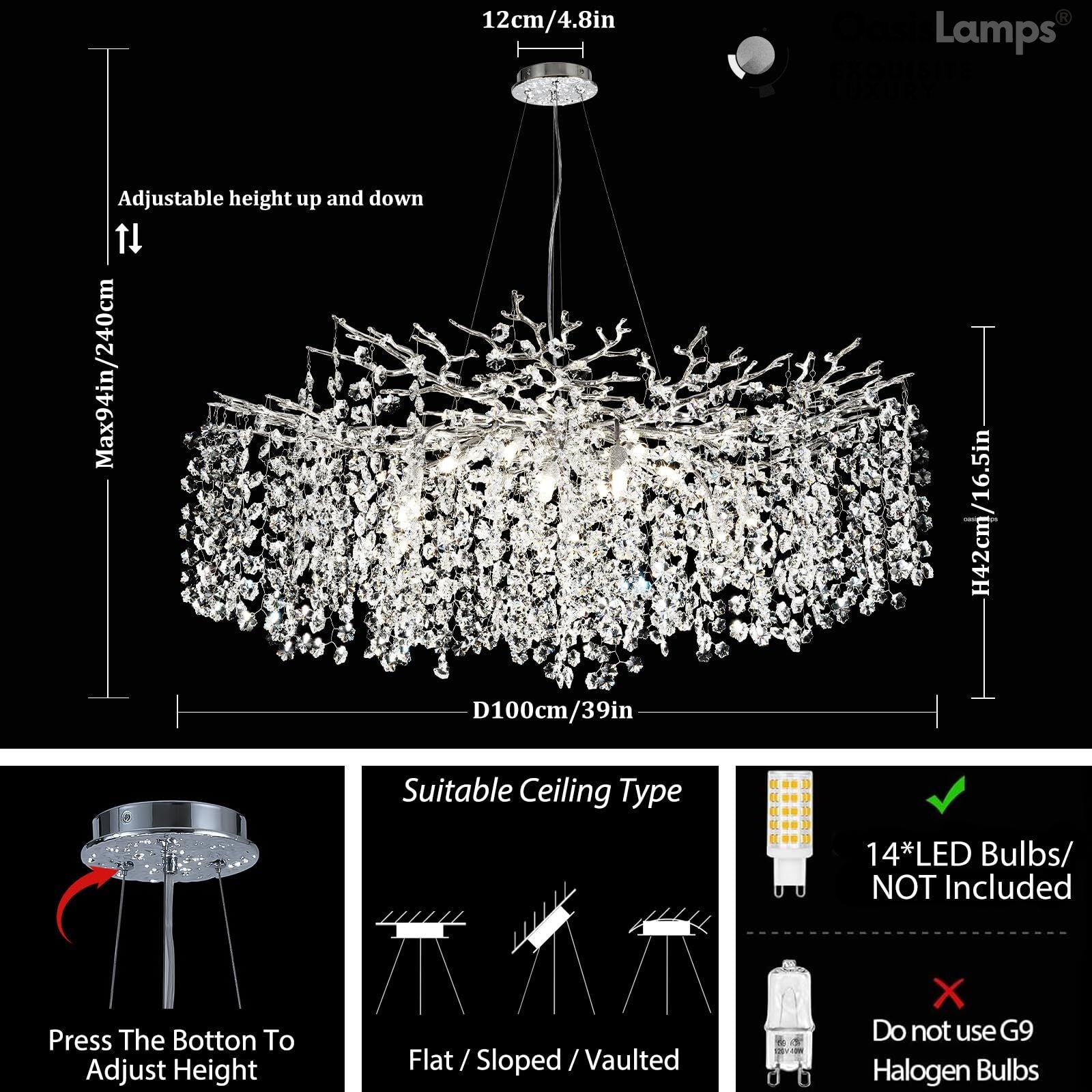 Lustre Branches Crystal Round Chandelier for All Rooms 30" 40"#Color_Silver,Size_D-40inch