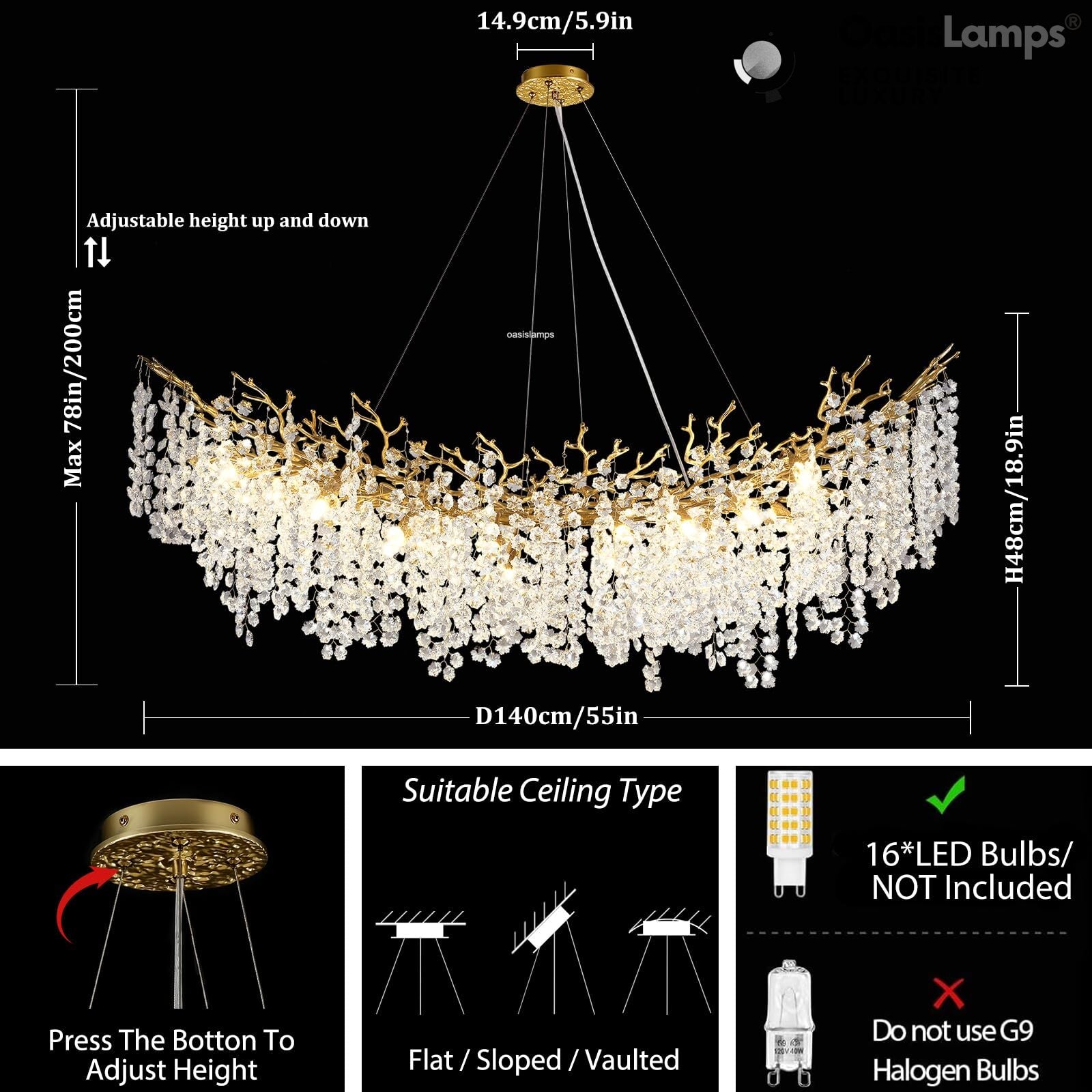 Lustre Branches Crystal Rectangular Chandelier 55"L#Color_brass